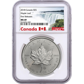 現貨 - 2018加拿大-楓葉-1盎司銀幣-NGC MS69鑑定幣-First Release版-加拿大瀑布標籤