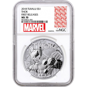 現貨 - 2018吐瓦魯-雷神-索爾-1盎司銀幣(普幣)-NGC MS70鑑定幣-First Release版(Marvel標籤-白底)