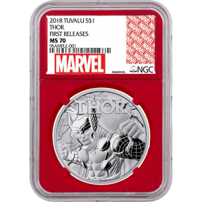現貨 - 2018吐瓦魯-雷神-索爾-1盎司銀幣(普幣)-NGC MS70鑑定幣-First Release版(Marvel標籤-紅底)