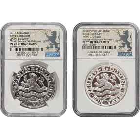 現貨 - 2018荷蘭-塔勒幣-1盎司銀幣+2盎司銀幣-2枚組-NGC PF70 UC鑑定幣-World Money Fair Release版(獅子標籤)