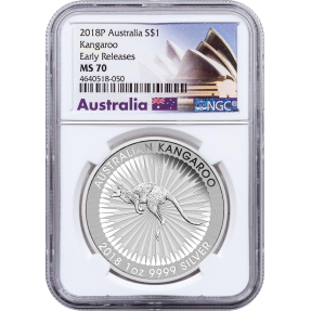 現貨 - 2018澳洲伯斯-袋鼠-1盎司銀幣-NGC MS70鑑定幣-Early Release版-雪梨歌劇院標籤