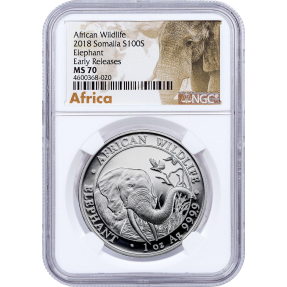 現貨 - 2018索馬利亞-象-1盎司銀幣-NGC MS70鑑定幣-Early Release版-非洲象標籤