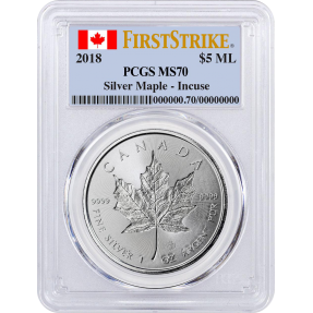 現貨 - 2018加拿大-楓葉-凹陷版-1盎司銀幣-PCGS MS70鑑定幣-First Strike版