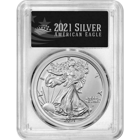 現貨(贈鑑定幣保護盒) - 2021美國-鷹揚-第二版-1盎司銀幣-PCGS MS-70鑑定幣-First Day of Issue版- (黑色標籤)(表面些許黃化反應)-款B