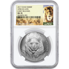 現貨 - 2017查德-非洲獅子-1盎司銀幣-NGC MS70鑑定幣-Early Releases版(獅子標籤)