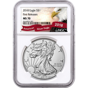 現貨 - 2018美國-鷹揚-1盎司銀幣(普鑄)-NGC MS70鑑定幣-First Release版-老鷹標籤(白底)