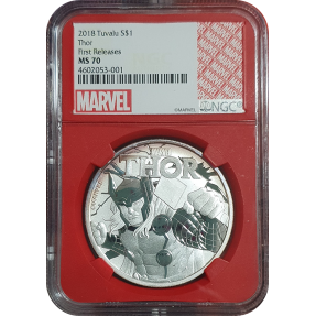 現貨 - 2018吐瓦魯-雷神-索爾-1盎司銀幣(普幣)-NGC MS70鑑定幣-First Release版(Marvel標籤-紅底)-局部氧化