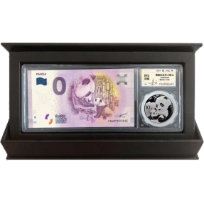 現貨 - (2019中國-熊貓-30克銀幣+零歐元設計師簽名鈔)國寶雙臻封裝組-(外盒皮面退質)