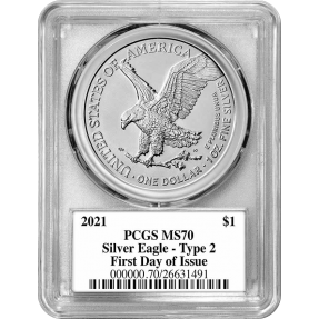 現貨(贈鑑定幣保護盒) - 2021美國-鷹揚-第二版-1盎司銀幣-PCGS MS-70鑑定幣-First Day of Issue版- (黑色標籤)(表面些許黃化反應)-款A