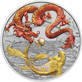 現貨 - 2023澳洲伯斯-中國神話傳說系列-紅龍與錦鯉-彩色版-1盎司銀幣(普鑄/卡裝)