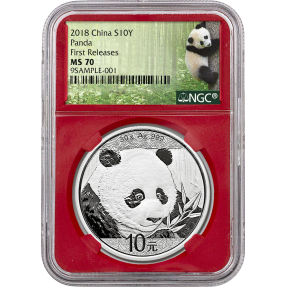 現貨 - 2018中國-熊貓-30克銀幣-NGC MS70鑑定幣-First Release版-熊貓標籤-紅底