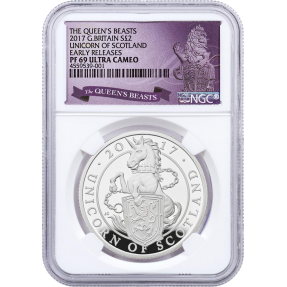 現貨 - 2017英國-蘇格蘭獨角獸-1盎司精鑄銀幣-NGC PF69鑑定幣-Early Releases UC版(英國獅標籤-白底版)